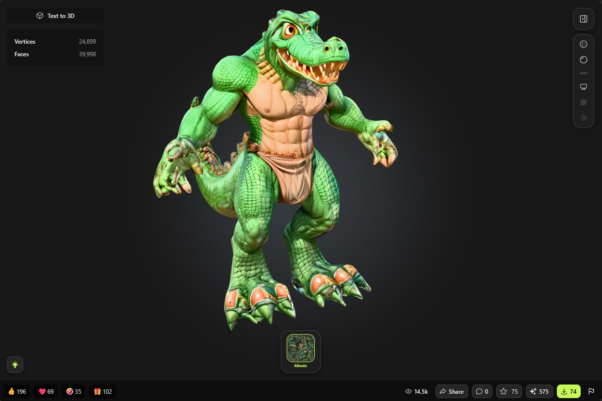 مدل سهبعدی کارتونی تمساح عضلانی با ظاهر انساننما و بافت فلسدار