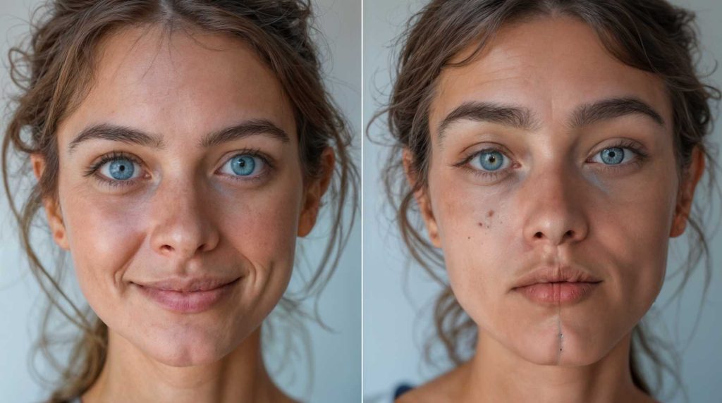 مقایسه یک عکس واقعی (سمت چپ) و یک تصویر بهبود یافته با هوش مصنوعی (سمت راست) که چهره طبیعی با نواقص در سمت چپ و نسخه دیجیتالی اصلاحشده با پوست صاف و تغییرات در سمت راست نشان داده شده است