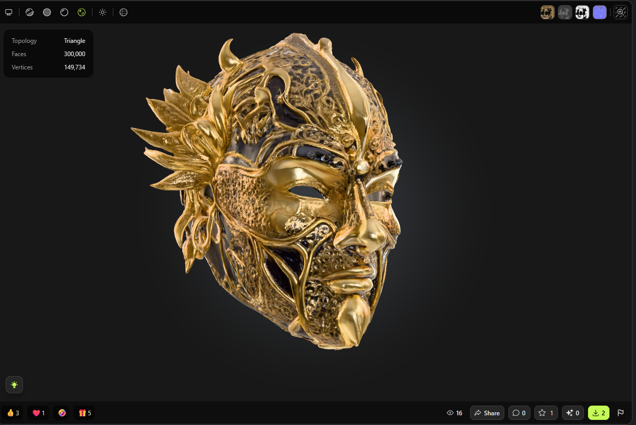 مدل سهبعدی ماسک طلایی فانتزی با تزئینات پیچیده و طراحی چهره انسانی