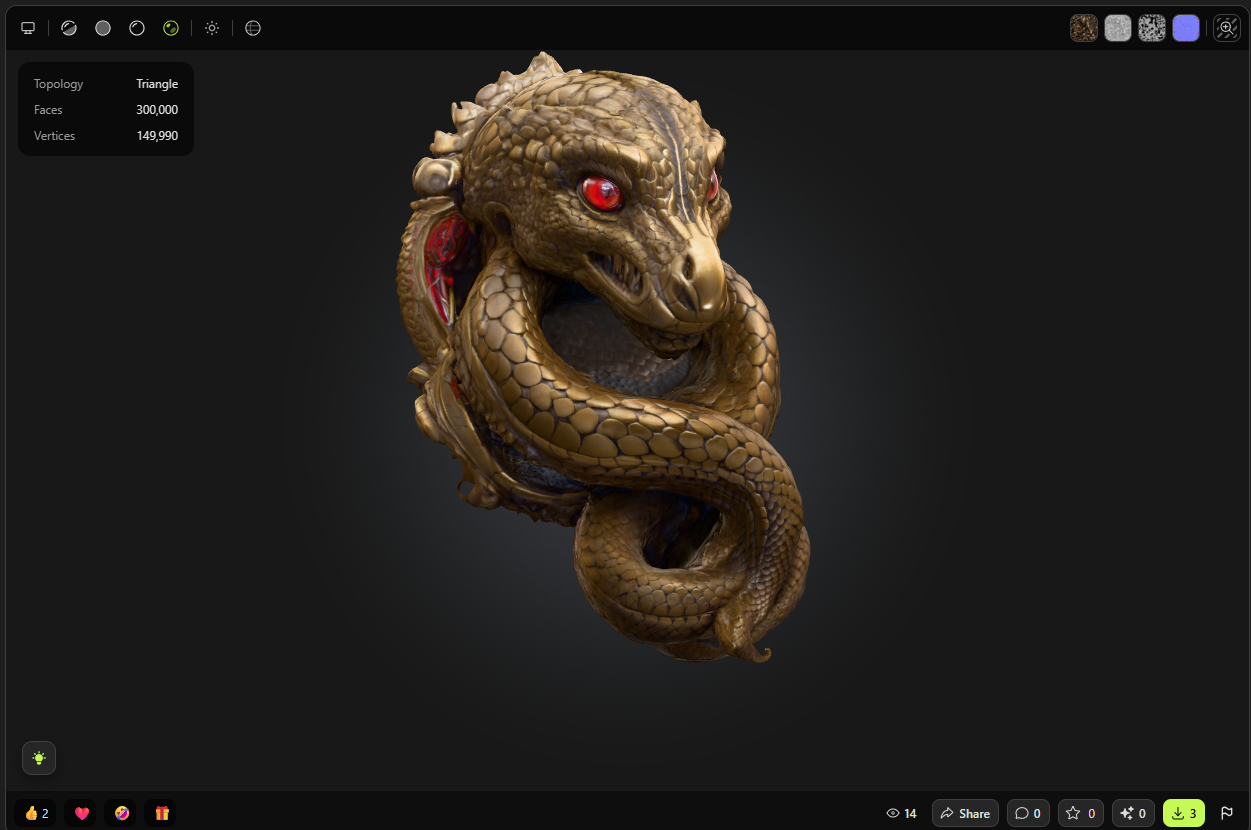 مدل سهبعدی مار طلایی با چشمهای قرمز در حالت پیچخورده