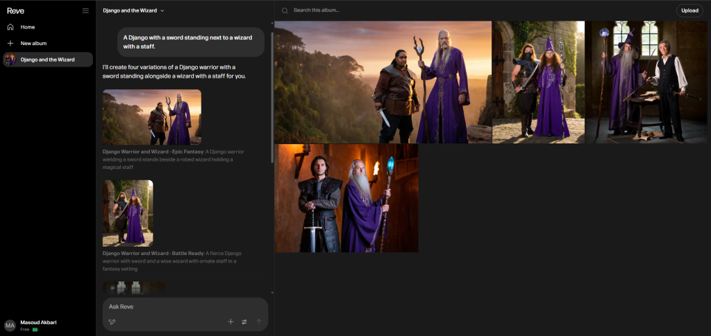 ساخت عکس یک جنگجو کنار یک جادوگر با reve.com