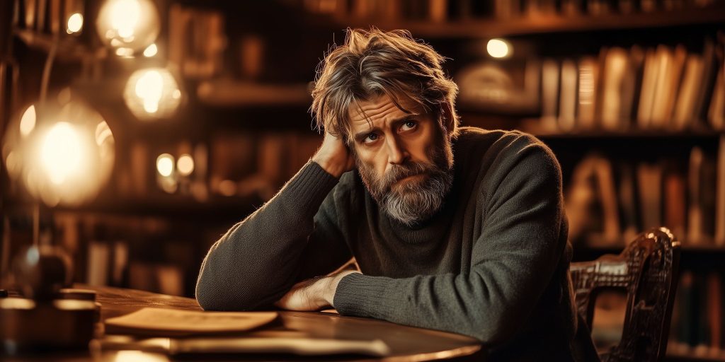 تصویر یک پیرمرد تنها در یک کتابخانه که با هوش مصنوعی میدجورنی ساخته شده