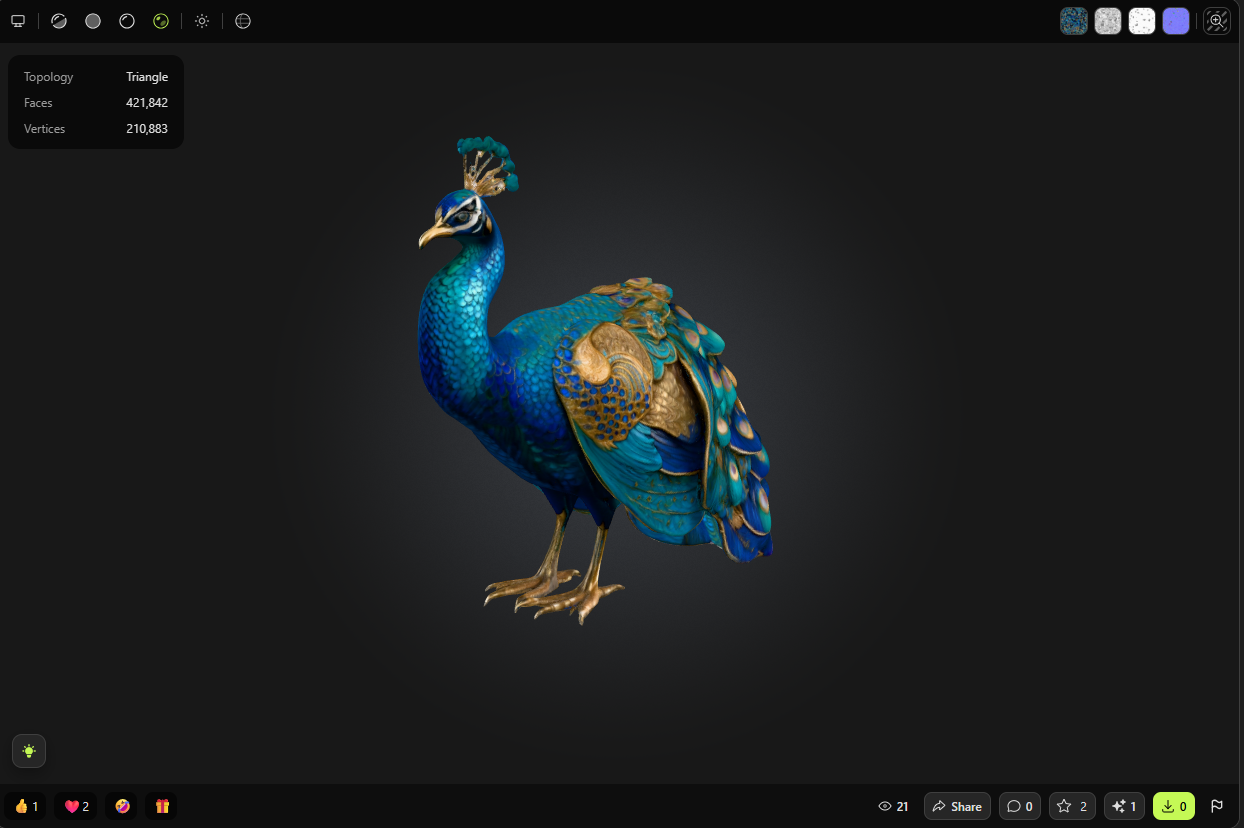 مدل سهبعدی طاووس واقعگرایانه با رنگهای آبی و طلایی در محیط طراحی دیجیتال