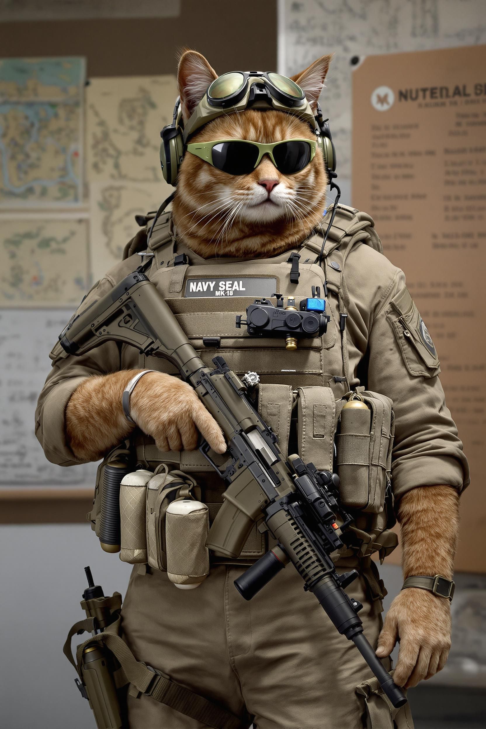 گربه نارنجی که لباس و تجهیزات کامل نظامی نیروی ویژه را به تن دارد و یک تفنگ در دست گرفته است