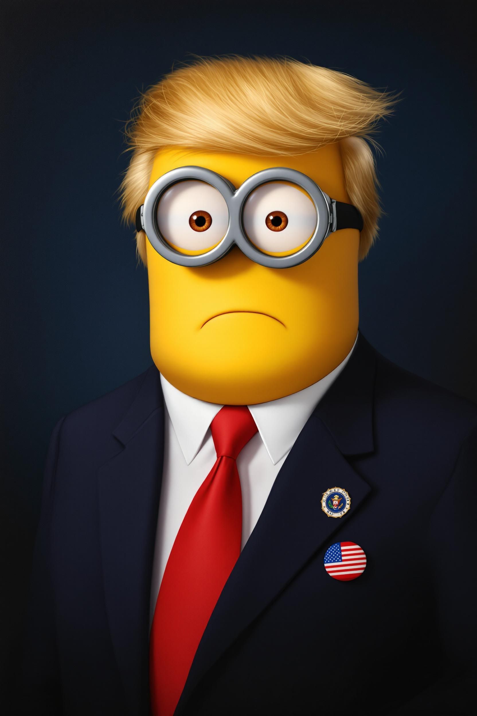 شخصیت کارتونی مینیون با موهای بلوند، کت و شلوار تیره و کراوات قرمز که شبیه به دونالد ترامپ است
