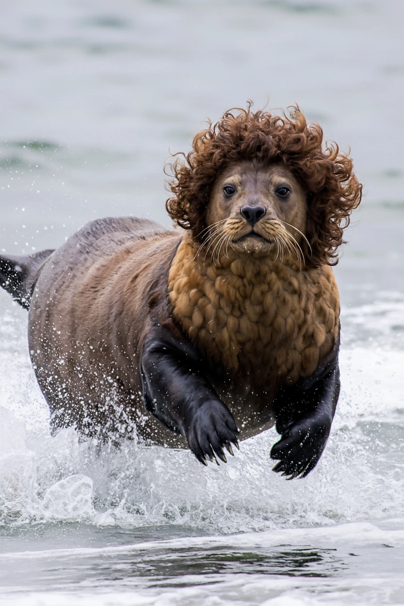 عکس دستکاری شده و خندهدار از یک شیر دریایی که کلاهگیس قهوهای فرفری به سر دارد و در حال دویدن روی آب است