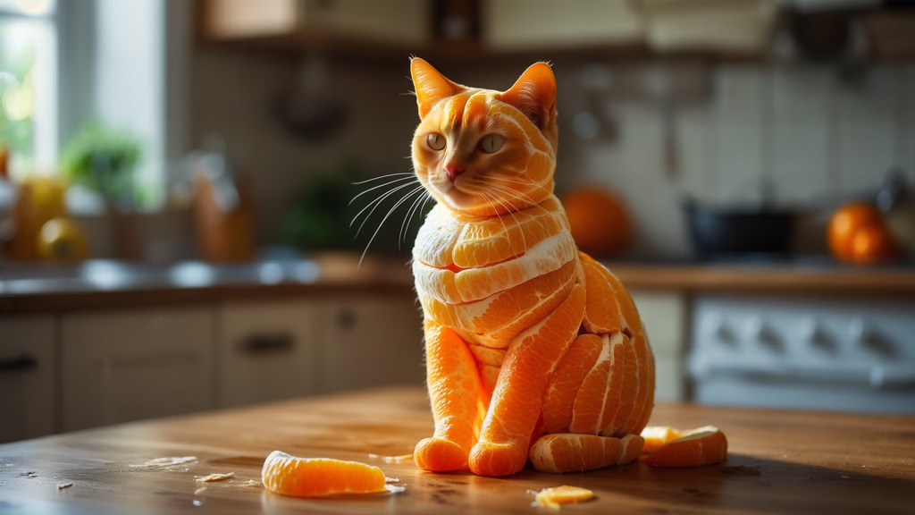 تصویر ساخته شده با هوش مصنوعی از یک گربه که بدنش از حلقههای پوست پرتقال تشکیل شده و روی میز آشپزخانه نشسته است