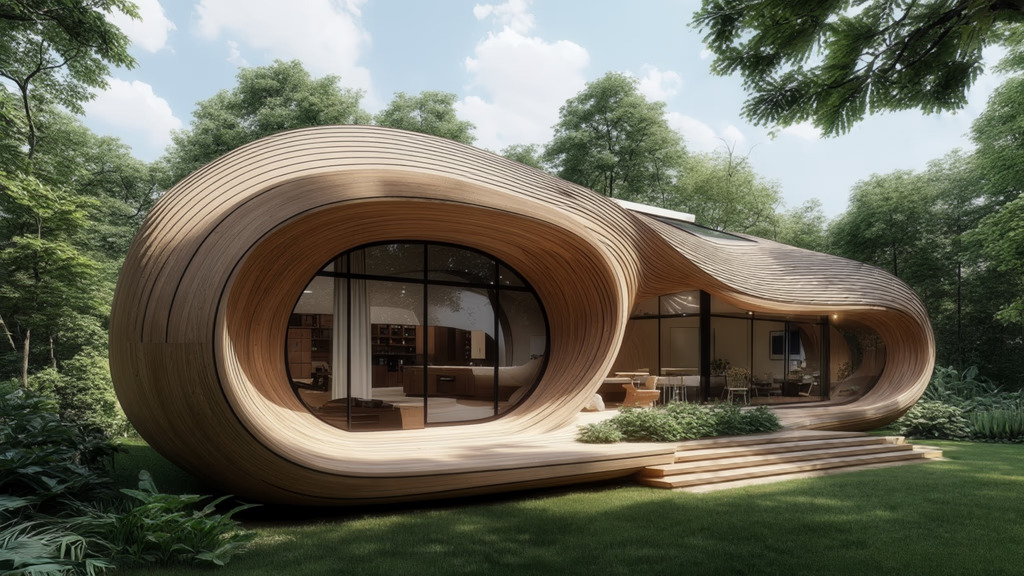 تصویر ساخته شده با هوش مصنوعی از یک خانه چوبی مدرن با معماری ارگانیک و خطوط منحنی که در میان جنگلی سرسبز قرار دارد