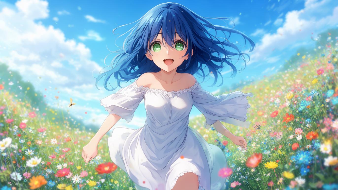 دختر انیمهای با موهای آبی که با خوشحالی در دشتی پر از گلهای رنگارنگ میدود