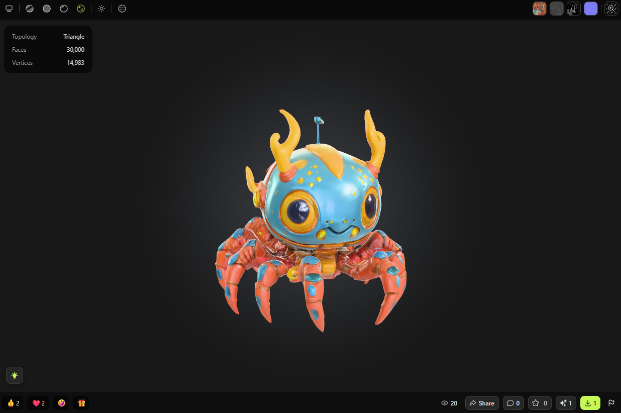 مدل سهبعدی کارتونی خرچنگ رباتی با رنگهای آبی و نارنجی در محیط طراحی دیجیتال