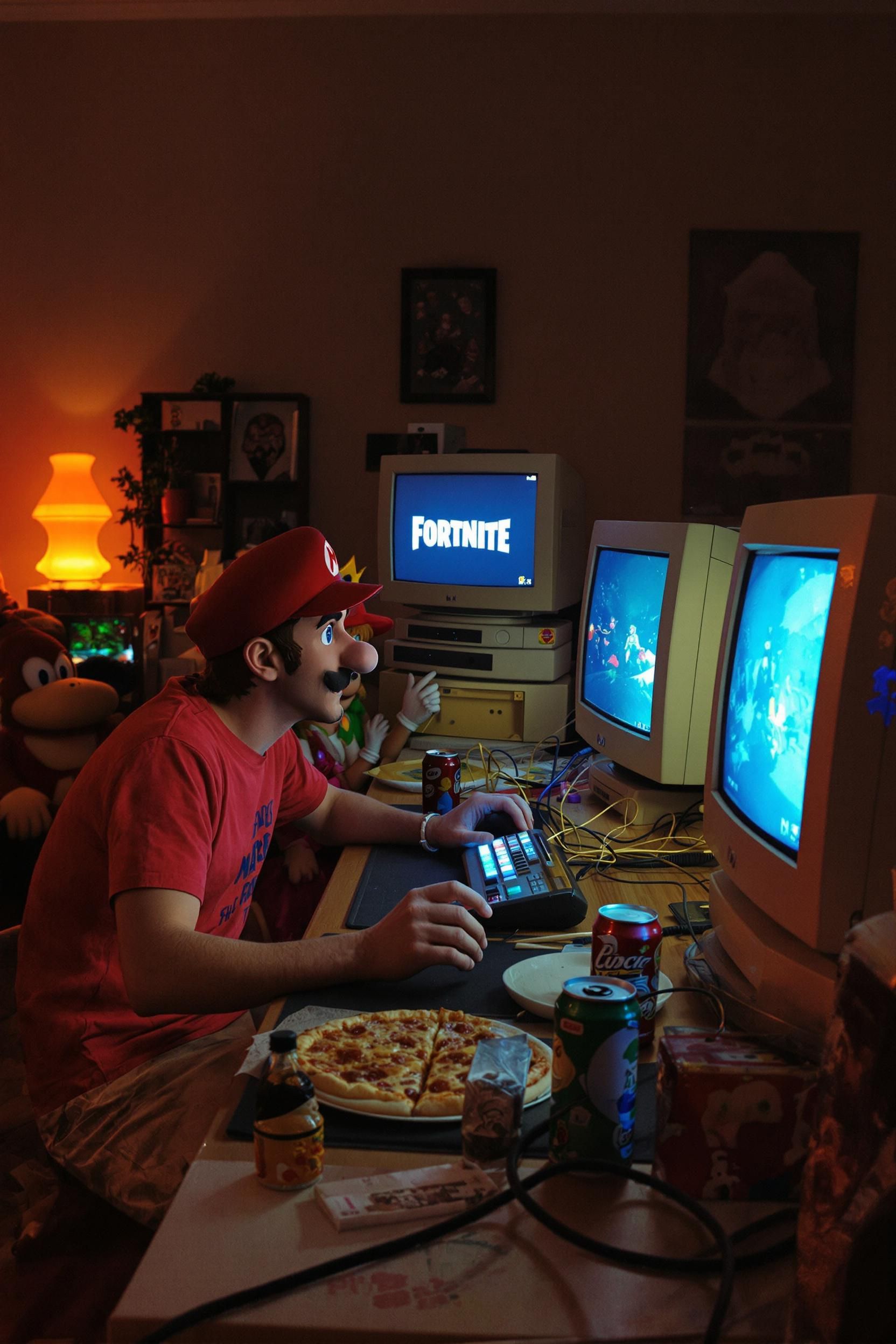 مردی با لباس شخصیت ماریو در حال بازی فورتنایت با چند مانیتور قدیمی در یک اتاق تاریک