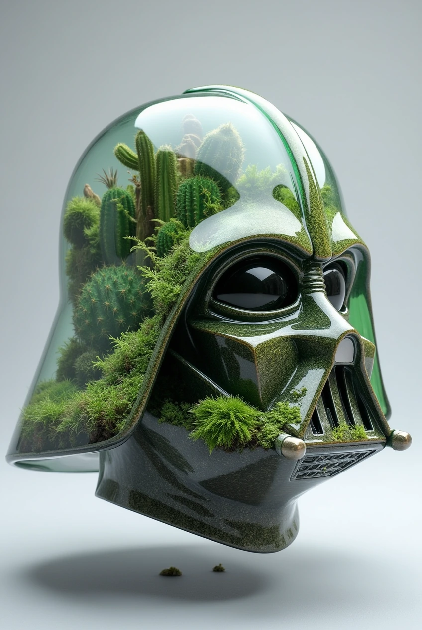 هنر دیجیتال از کلاهخود دارت ویدر که به یک تراریوم شیشهای سبز تبدیل شده و داخل آن پر از کاکتوس و خزه است