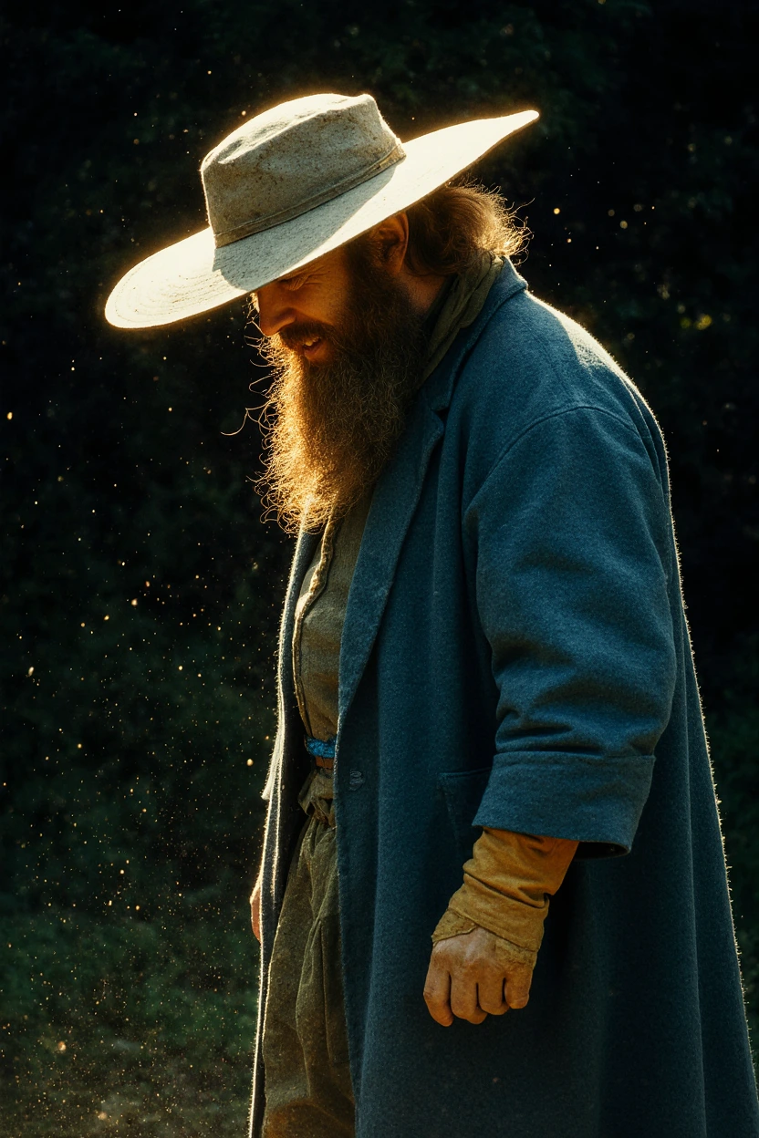 جان ماگارو در نقش شخصیت کوکی فیگوویتز در فیلم «اولین گاو»، با کلاه لبه پهن و ریش بلند که نور خورشید از پشت به او تابیده است