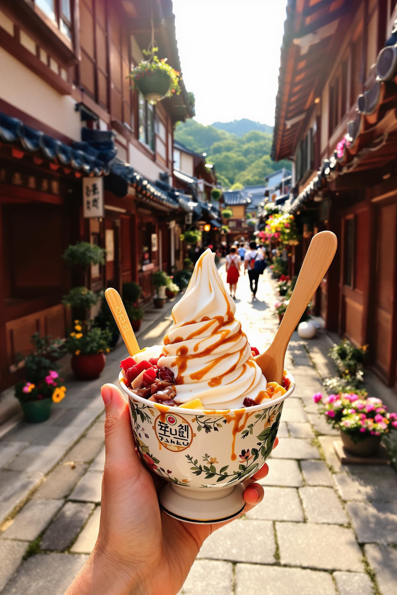 دستی که یک کاسه بستنی با سس کارامل را در یک خیابان سنتی و سنگفرش شده در سئول نگه داشته است.