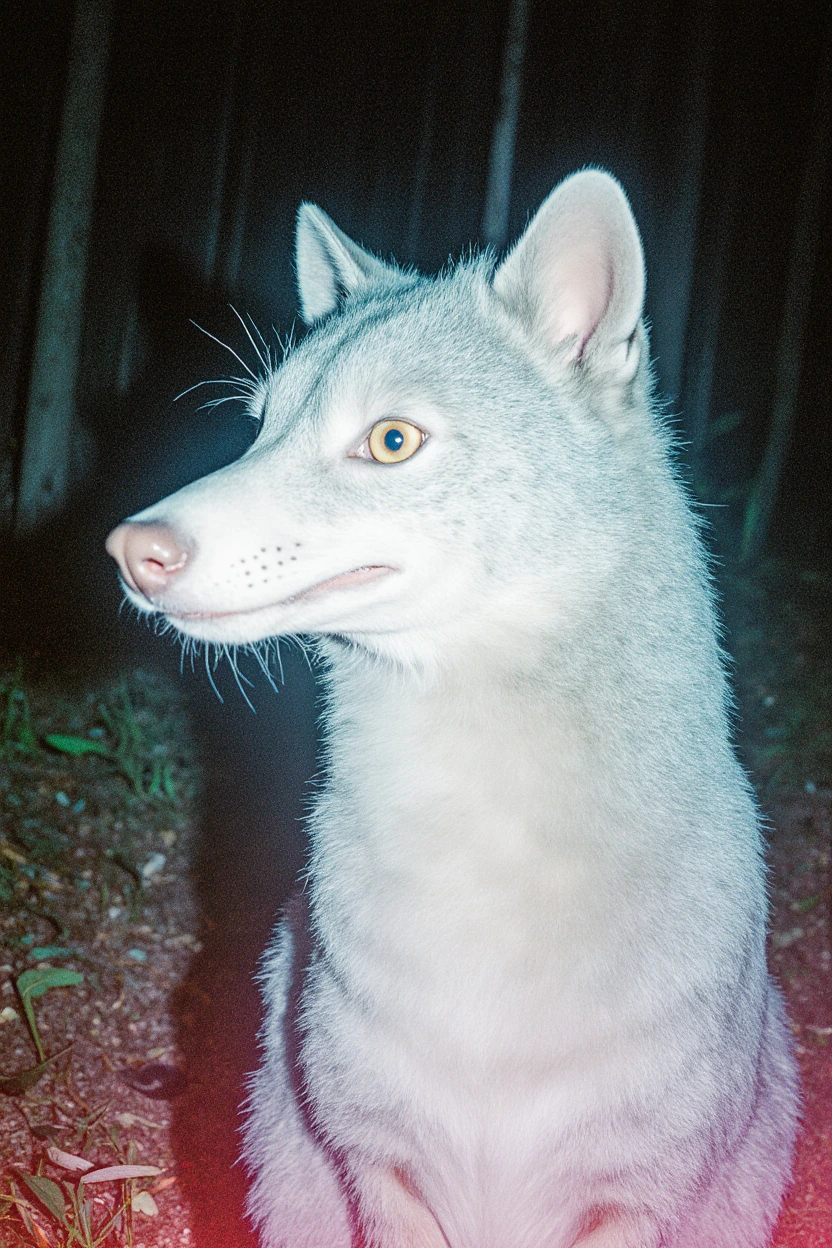 عکس از عروسک یا مجسمهی شخصیت «نوبل فرینک» اثر هنرمند، برین او، که موجودی گرگمانند با چشمانی زرد را در جنگلی در شب نشان میدهد