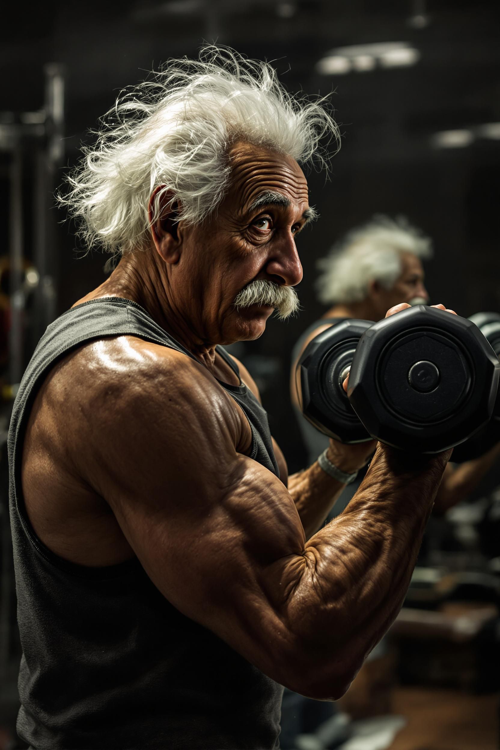 تصویر فوتورئالیستی آلبرت انیشتین با بدنی عضلانی در حال بلند کردن دمبل سنگین در باشگاه بدنسازی