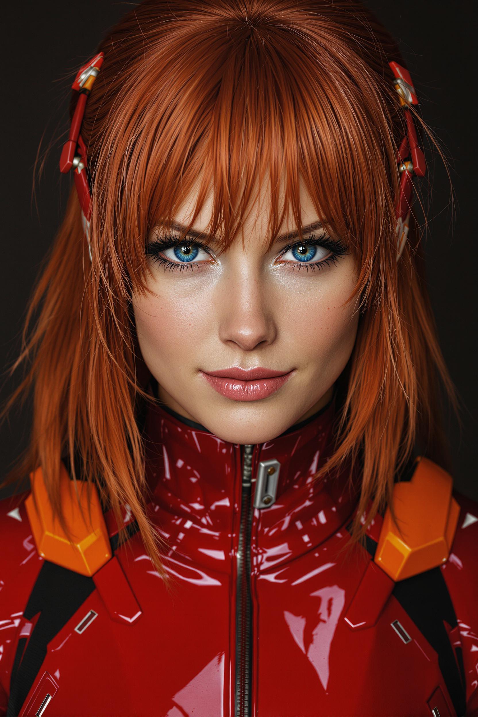 رتره کلوزآپ و بسیار واقعی از شخصیت آسوکا لنگلی از انیمه اونگلیون با موهای قرمز و چشمان آبی