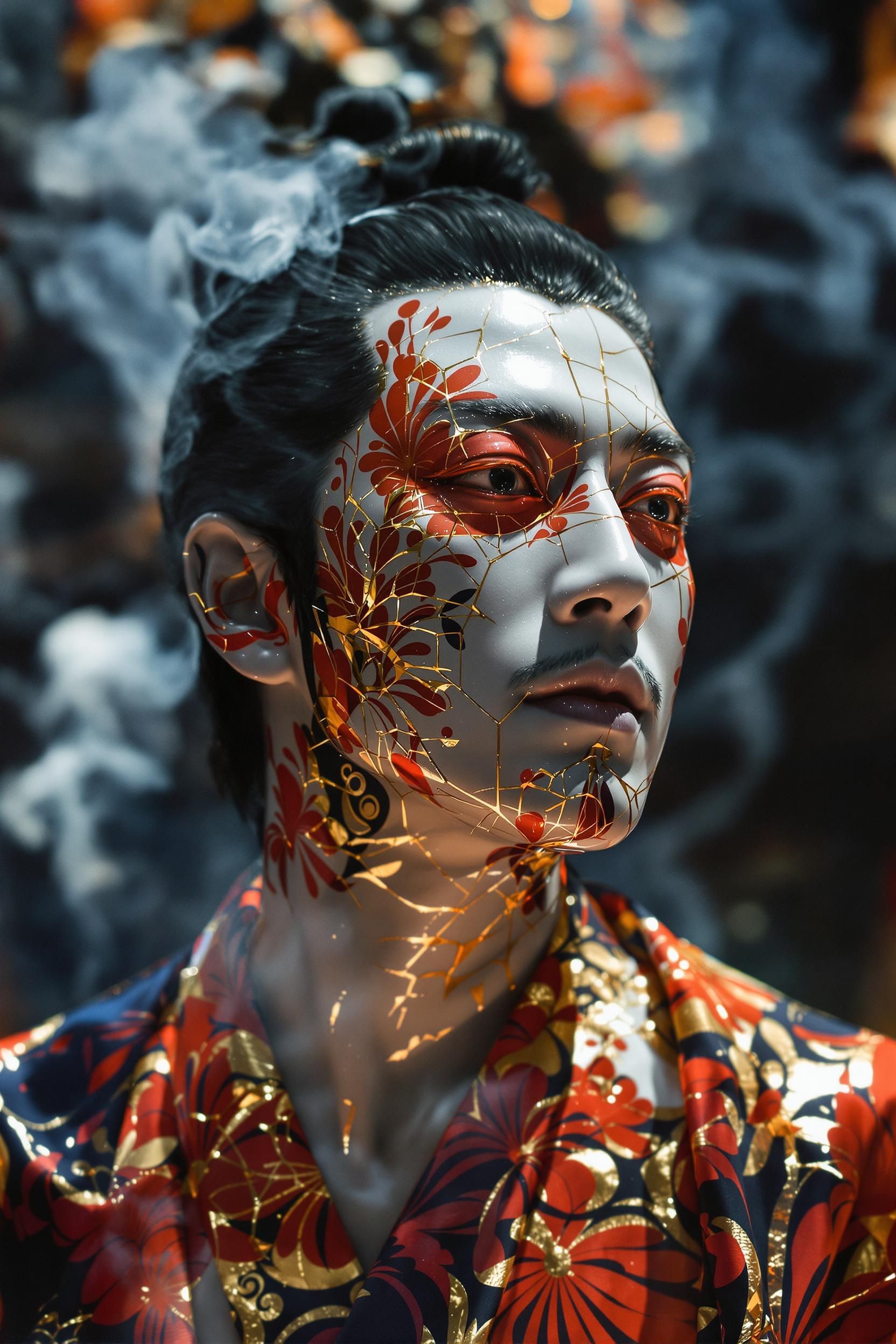 پرتره هنری از یک مرد با آرایش صورت به سبک کینتسوگی ژاپنی، شامل ترکهای طلایی و نقوش گلهای قرمز