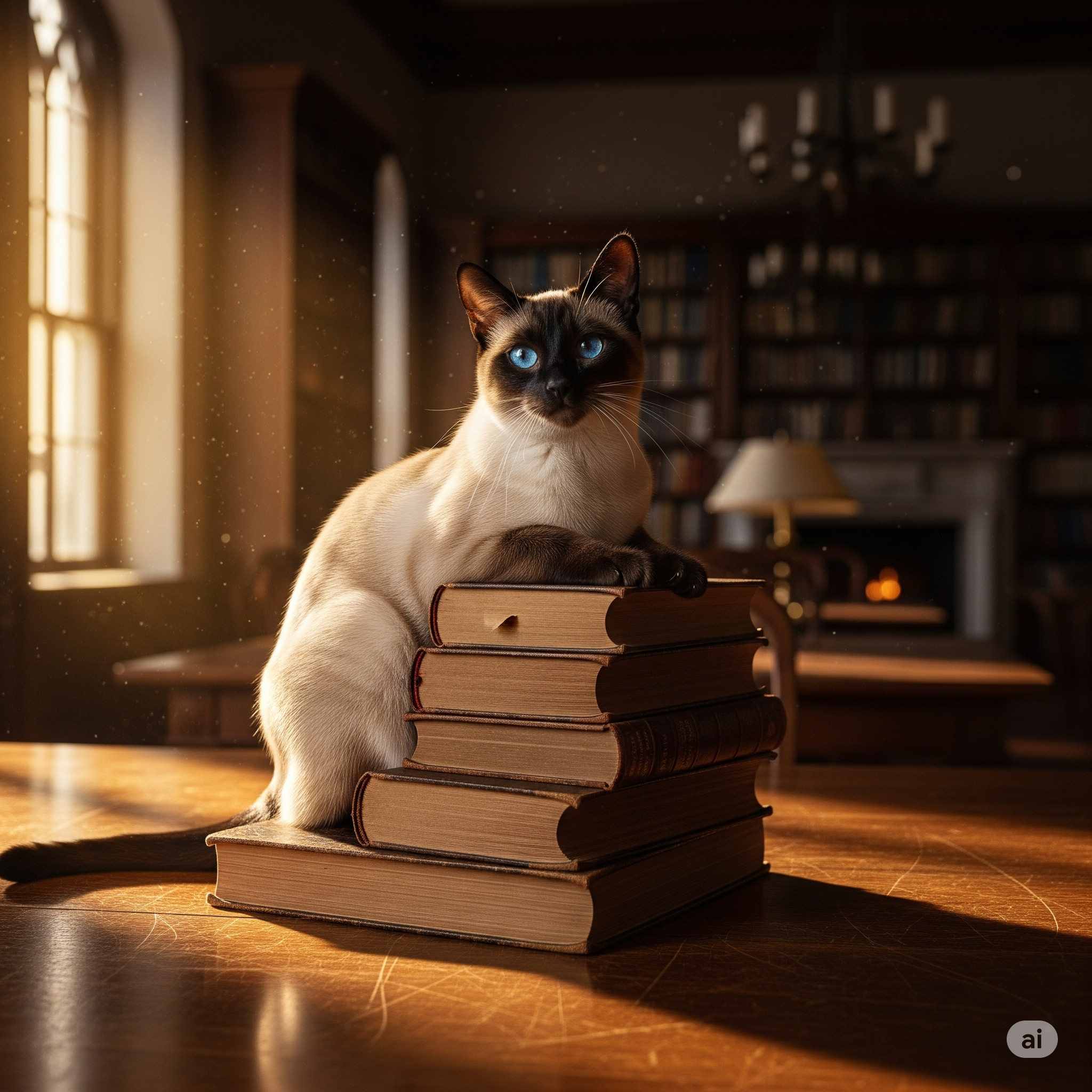 گربه سیامی با چشمان آبی روی دسته‌ای از کتاب‌ها در یک کتابخانه کلاسیک